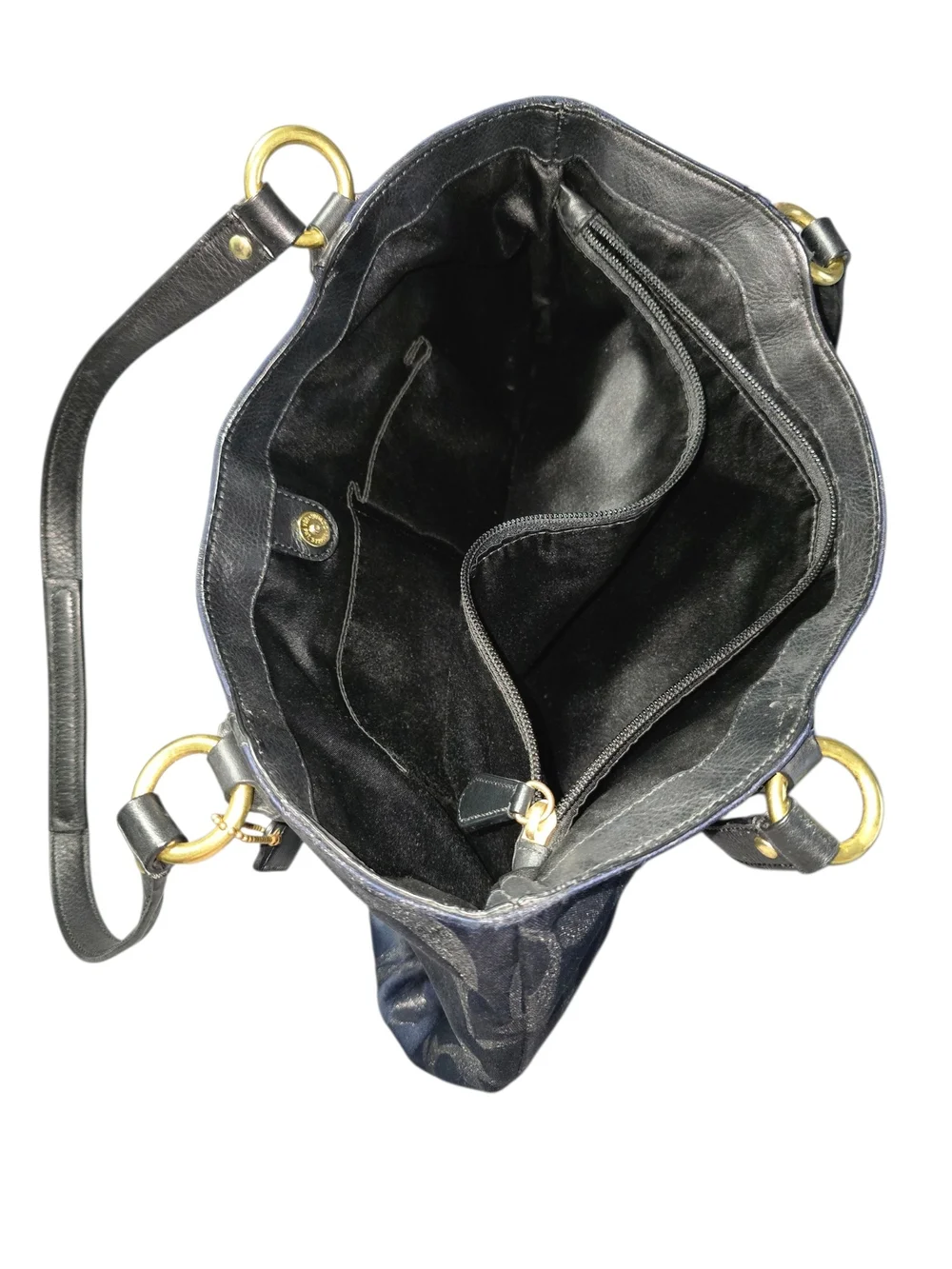 Coach Navy Metallic Canvas Signature Jacquard Tote with Black Leather Trim